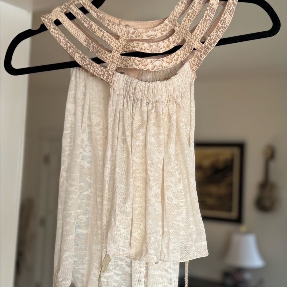 Club-ready transparent snakeskin, leather & flowing Cream burnout Sleeveless Top